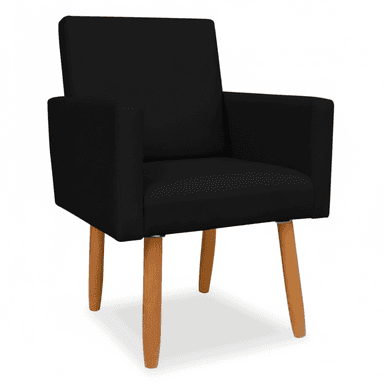 A contemporary armchair upholstered in black fabric, featuring a compact square silhouette with padded armrests and four splayed natural wood legs. — 3D model (AI enhanced source)