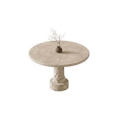 A round, pedestal table with a rough, textured surface. The pedestal has a columnar design with a decorative base and capital, reminiscent of classical architecture. A small, dark ceramic vase with a dried plant is placed on the tabletop. — 3D model (AI enhanced source)