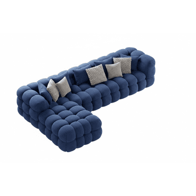 A modular sectional sofa with a unique bubble-like design. The sofa is upholstered in a textured, deep blue fabric and features multiple interconnected rounded sections that create a plush, inviting appearance. It is accented with several throw pillows in neutral tones, some with geometric patterns. — 3D model (AI enhanced source)