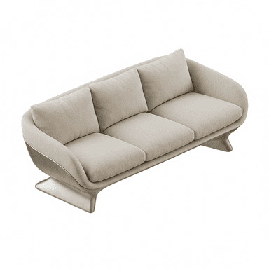 A modern three-seater sofa featuring light beige fabric upholstery on the seat and back cushions. The sofa is supported by a distinctive, sculptural silver-toned metal base that curves upwards to meet the upholstered frame, creating a sleek and contemporary profile. The armrests are gently curved and integrated seamlessly with the backrest. — 3D model (AI enhanced source)