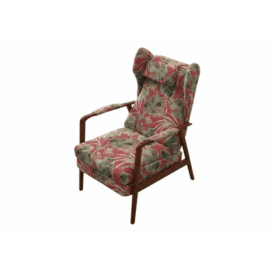 A high-back armchair featuring a vibrant tropical print upholstery and an exposed dark wood frame. The chair has a classic wingback design with a separate headrest cushion and straight, tapered legs. — 3D model (AI enhanced source)