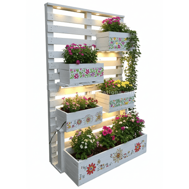 A freestanding, tall, vertical garden structure crafted from white-painted wooden pallets. It features multiple tiered planter boxes, each adorned with colorful, hand-painted floral patterns. Integrated LED lights are strategically placed beneath each planter, illuminating the plants and adding an ambient glow. The unit is designed to hold various potted flowering plants and trailing greenery. — 3D model (AI enhanced source)