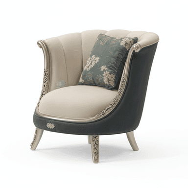 A highly ornate barrel-shaped accent chair featuring two-tone upholstery and an elaborately carved silver-finished frame. The interior back and seat are upholstered in a light cream fabric, while the exterior back and bottom skirt are in a contrasting dark gray fabric. The backrest features vertical channel tufting. The silver frame is visible along the top edge of the back, descending to form the armrests and legs, all adorned with intricate floral and scrollwork carvings. A decorative throw pillow with a green background and white and brown floral pattern rests in the chair. — 3D model (AI enhanced source)