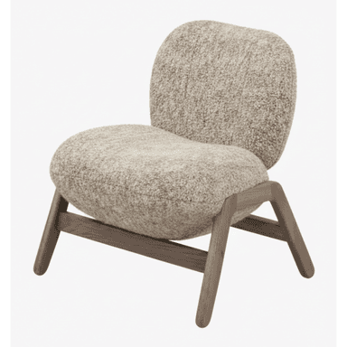 A low-profile, armless lounge chair featuring soft, rounded upholstered cushions in a light, textured boucle-like fabric, supported by a distinct dark wood base with angled legs. The chair is designed for comfort and informal seating. — 3D model (AI enhanced source)