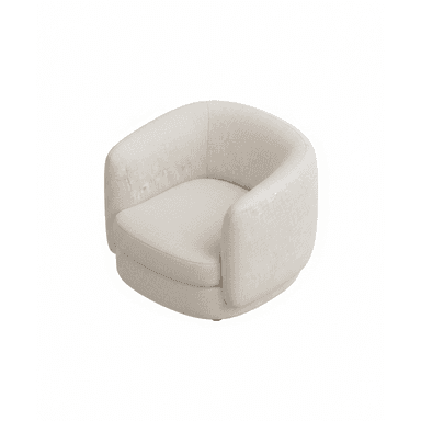 An off-white or cream-colored contemporary swivel accent chair, featuring a rounded barrel-like form. The chair is fully upholstered in a textured fabric, with a seamless back and integrated seat cushion. It has an armless design and a hidden swivel base that allows for rotational movement. — 3D model (AI enhanced source)