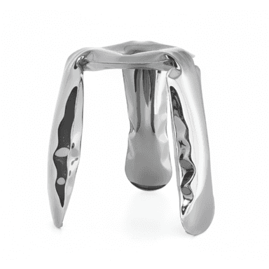 A stool with a unique, abstract design. It features a highly polished, metallic surface that reflects light intensely. The form is organic and fluid, with three apparent legs that are wide and bulbous at the top, tapering towards the ground. The seat area is a smooth, concave surface, also highly reflective. The overall aesthetic suggests a modern, avant-garde piece. — 3D model (AI enhanced source)