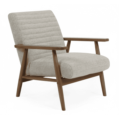 An upholstered lounge chair featuring a light grey woven fabric on the seat and backrest, supported by a visible wooden frame. The backrest exhibits horizontal channel tufting. — 3D model (AI enhanced source)