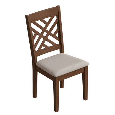 A wooden dining chair featuring a rich brown finish, an intricately designed lattice backrest, and a light-colored upholstered seat cushion. The chair has straight, tapered legs and a sturdy construction. — 3D model (AI enhanced source)