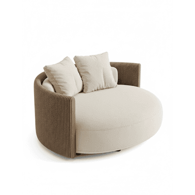A modern, round lounge chair with a cream-colored upholstered seat and back cushions, featuring a distinctive curved, rope-textured backrest in a brown tone. It comes with two matching throw pillows. — 3D model (AI enhanced source)