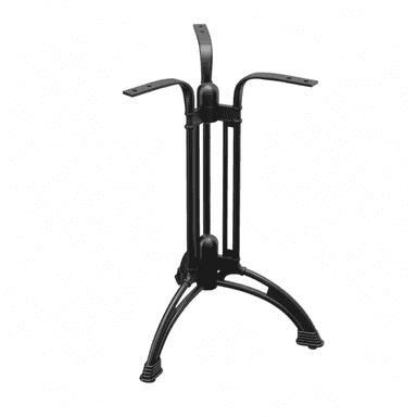 A robust, black cast metal pedestal table base designed to support a tabletop. It features a central column with several vertical bars for structural integrity, branching into three splayed, decorative legs at the bottom, each terminating in a ribbed foot. The top incorporates a four-arm spider bracket for secure tabletop attachment. — 3D model (AI enhanced source)