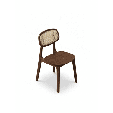 A dark-stained wooden dining chair featuring a rounded cane webbing backrest and a sculpted wooden seat, supported by four tapered legs. Its design evokes a mid-century modern aesthetic with clean lines and organic curves. — 3D model (AI enhanced source)