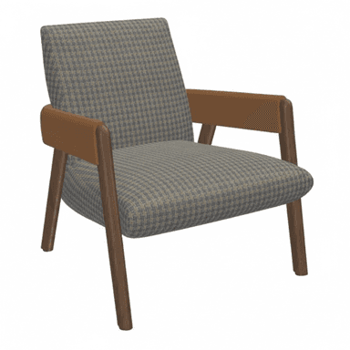 An upholstered armchair featuring a houndstooth pattern, a solid wooden frame with tapered legs, and integrated wooden armrests with padded sections. — 3D model (AI enhanced source)