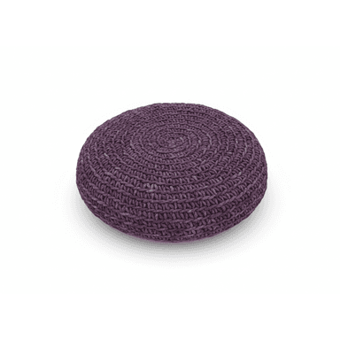 A round, disc-shaped floor pouf with a chunky, hand-crocheted or knitted exterior in a variegated dark reddish-purple or plum color. The textile features a prominent circular stitch pattern radiating from the center. — 3D model (AI enhanced source)