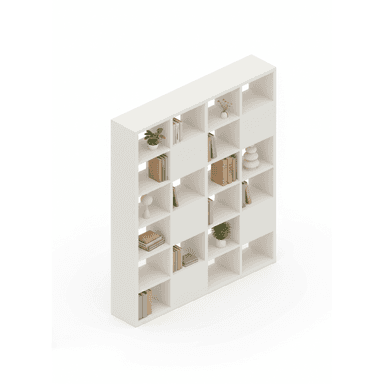 A freestanding modern cube storage unit, rendered in a clean white finish, designed with multiple square compartments arranged in a grid pattern. Some compartments are filled with books, small plants, and decorative objects, indicating its use for display and storage. The unit features open backs for its cubbies and appears to be a modular or fixed-grid design. — 3D model (AI enhanced source)