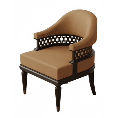 A sophisticated armchair featuring a curved barrel back and upholstered seat in a tan, possibly leather or faux leather, material. The frame is constructed from dark wood, showcasing intricate geometric fretwork along the back and armrests. The chair is supported by four tapered dark wood legs, each finished with a subtle brass or gold-toned metal cap. — 3D model (AI enhanced source)