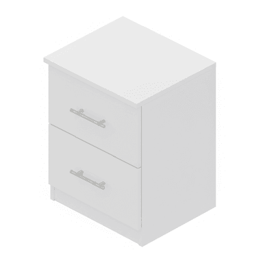 A compact, modern white nightstand featuring two drawers. It has a clean, minimalist design with a flat top surface, sleek silver-tone bar handles on each drawer, and a recessed plinth base. The overall aesthetic is simple and functional, suitable for contemporary interiors. — 3D model (AI enhanced source)