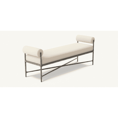 An industrial-style upholstered bench featuring a cream-colored fabric cushion and cylindrical bolsters on each end, supported by a dark, textured metal frame with an X-stretcher detail. — 3D model (AI enhanced source)