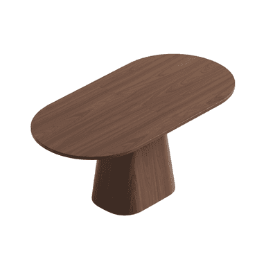 A contemporary dining table with an oval-shaped tabletop supported by a single, tapered pedestal base. The wood grain is clearly visible and runs across the surface. — 3D model (AI enhanced source)