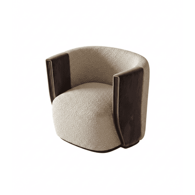 A contemporary barrel-shaped accent chair featuring a rounded back and seat, upholstered in a light, textured bouclé fabric. The chair incorporates distinct, curved armrests with dark, possibly lacquered wood or leather panels on the outer sides. It rests on a subtle, recessed dark base. — 3D model (AI enhanced source)