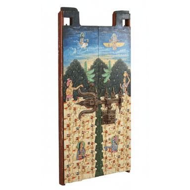 A pair of antique Indian wooden door panels, hinged together and secured by an ornate iron latch. The panels are extensively hand-painted with vibrant, multi-scene artwork depicting Hindu deities and numerous stylized cattle, set against a landscape and sky background. The central iron latch is intricate and appears aged, complementing the distressed finish of the wooden panels. The top edges feature carved, projecting elements. — 3D model (AI enhanced source)