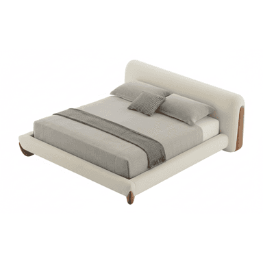 A contemporary platform bed with a curved headboard and a low-profile frame. The bed is upholstered in a light-colored fabric and features rounded wooden legs. It is dressed with bedding in neutral tones, including a grey throw blanket and two grey pillows, one of which has a checkered pattern. The headboard has a subtle, organic shape with wooden accents on the sides. The frame is padded and extends slightly beyond the mattress area. — 3D model (AI enhanced source)