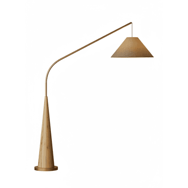 A modern arched floor lamp featuring a prominent tapered conical wooden base, a slender brass-finished metal arc arm, and a conical fabric lampshade. The design combines natural wood textures with metallic accents for a contemporary aesthetic. — 3D model (AI enhanced source)
