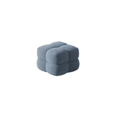 A contemporary cube-shaped ottoman featuring segmented upholstery in a textured boucle fabric. The design consists of eight distinct, rounded sections that give it a sculptural, 'bubble' appearance, upholstered in a dusty blue color. — 3D model (AI enhanced source)