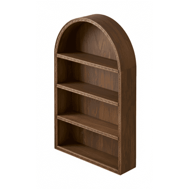 A freestanding bookcase with an arched top and four shelves. The bookcase features decorative molding along the top arch and the edges of each shelf. The wood grain is visible, suggesting a natural wood or wood veneer construction. — 3D model (AI enhanced source)