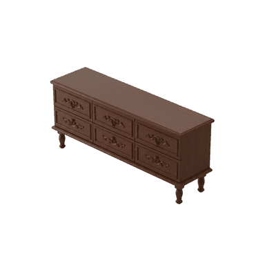 A long, low wooden dresser featuring six drawers arranged in two rows of three. The dresser is finished in a dark brown tone and is elevated by four turned bun feet. Each drawer front is embellished with ornate, carved pull handles, suggesting a traditional or classic design aesthetic. — 3D model (AI enhanced source)