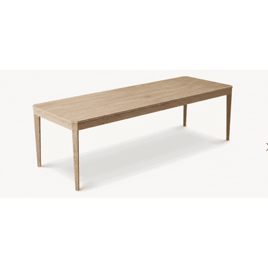A long, rectangular solid wood bench with a light, natural finish and subtly tapered legs, presented against a white studio background. — 3D model (AI enhanced source)