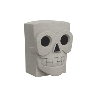 A stool designed to resemble a stylized skull. The object features a blocky, cuboid form with carved facial features of a skull, including large circular eye sockets with dark interiors, a triangular nose cavity, and a prominent row of square teeth. The top surface is flat and appears suitable for seating. The material has a textured, stone-like appearance. — 3D model (AI enhanced source)