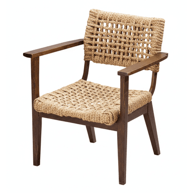 An armchair featuring a dark brown wooden frame and intricately woven natural jute rope for both the seat and backrest. The frame includes straight, rectangular armrests and four sturdy, slightly tapered legs. The woven pattern on the seat and back creates an open, breathable design, giving the chair a rustic yet refined aesthetic. — 3D model (AI enhanced source)