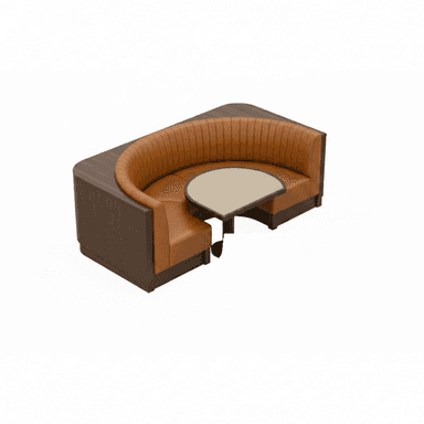 A curved commercial booth seating unit featuring a dark brown wood veneer exterior and caramel-colored faux leather upholstery with vertical channel tufting. It includes an integrated semicircular table with a light beige laminate top, supported by a central pedestal base. The unit is designed for dining environments. — 3D model (AI enhanced source)