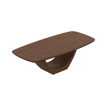 A modern coffee table with a dark wood finish, featuring a rectangular top with rounded edges supported by a distinctive, curved pedestal base. — 3D model (AI enhanced source)