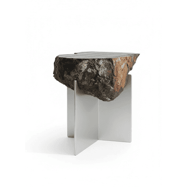 A side table featuring a natural, unrefined log slice as the tabletop, supported by a minimalist, modern base. The tabletop exhibits raw bark texture and irregular edges, while the base is constructed from polished metal, forming a clean, geometric structure. — 3D model (AI enhanced source)