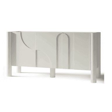 A modern sideboard featuring a distinctive sculptural relief pattern across its front doors, standing on four cylindrical legs. The piece is finished in a smooth, light gray or off-white lacquer. — 3D model (AI enhanced source)