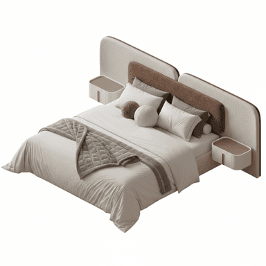 A modern platform bed ensemble featuring a wide, upholstered headboard with an integrated design that seamlessly incorporates floating nightstands on both sides. The bed is dressed with neutral-toned bedding, pillows, and decorative cushions. — 3D model (AI enhanced source)