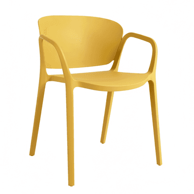 A bright yellow contemporary armchair, crafted from a single piece of molded plastic, featuring a curved backrest that seamlessly transitions into integrated armrests. The chair has a sleek, minimalist design with four tapered legs. — 3D model (AI enhanced source)
