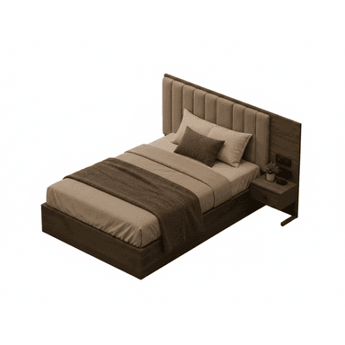 A modern platform bed with a dark wood frame, featuring an extended headboard panel upholstered with vertical channel tufting in a light beige fabric. A floating nightstand with a single drawer is integrated into the headboard. — 3D model (AI enhanced source)