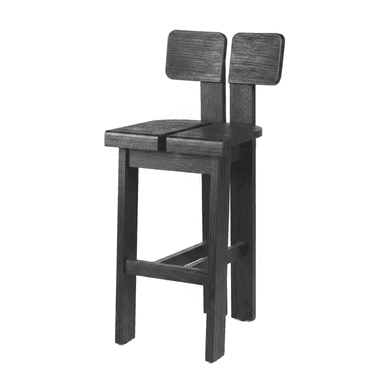 A modern bar stool with a robust, minimalist design. It features a dual-panel seat and a split backrest, both constructed from dark wood with a visible grain. The stool has four straight legs connected by a lower crossbar for stability. The overall aesthetic is contemporary and utilitarian. — 3D model (AI enhanced source)