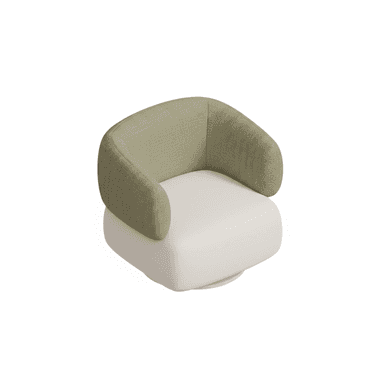 A contemporary swivel tub chair featuring a rounded, continuous backrest and integrated armrests upholstered in a light olive green textured fabric. The seat cushion is a contrasting off-white or cream color, and the chair sits on a low-profile, circular swivel base. — 3D model (AI enhanced source)