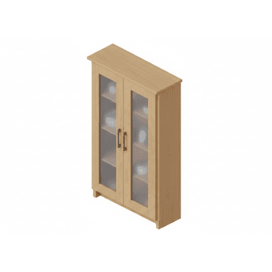 A freestanding, light-toned wood cabinet featuring two doors, each with frosted glass panels and dark pull handles, enclosing internal shelving. — 3D model (AI enhanced source)