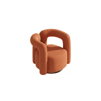 A contemporary sculptural accent chair featuring a plush, rounded form and a swivel base. The chair is upholstered in a textured terracotta or burnt orange fabric, presenting a soft, inviting aesthetic. — 3D model (AI enhanced source)
