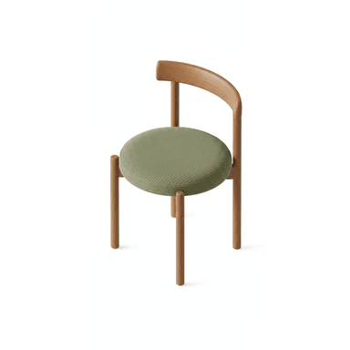 A minimalist dining chair featuring a light-toned solid wood frame, a gently curved wooden backrest, and a circular seat upholstered in an olive green ribbed fabric. It stands on four slender, round wooden legs. — 3D model (AI enhanced source)