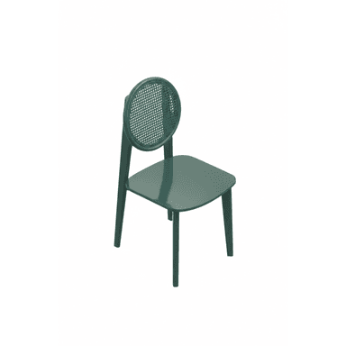 An armless contemporary dining chair with a monochromatic dark green finish. It features a distinctive round backrest with a finely perforated pattern, resembling woven cane or rattan, and a solid, slightly rounded square seat. The chair is supported by four tapered legs, all integrated into a seamless molded design. — 3D model (AI enhanced source)