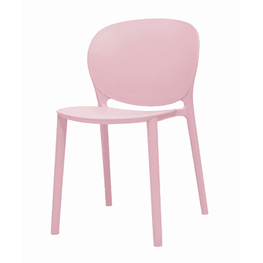 A modern, armless side chair constructed from a single piece of molded plastic in a soft pastel pink color. It features a gently curved backrest and seat, supported by four integrated cylindrical legs. — 3D model (AI enhanced source)