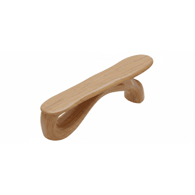 A modern, sculptural bench with a flowing, organic design. The bench features a single, continuous curved form that creates both the seating surface and the base. The material appears to be molded wood or a wood composite, with a smooth finish and visible grain pattern. — 3D model (AI enhanced source)