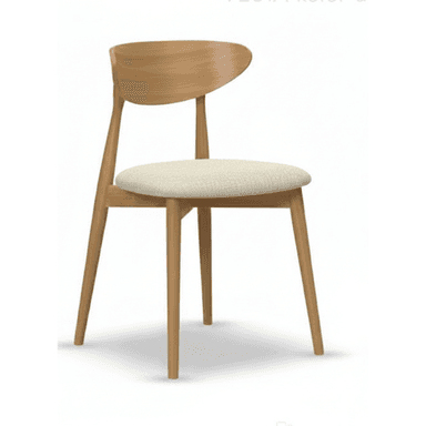 A light natural wood chair featuring a curved, non-upholstered backrest and a padded, upholstered seat in a light cream fabric. The chair has a minimalist design with tapered, splayed legs. — 3D model (AI enhanced source)