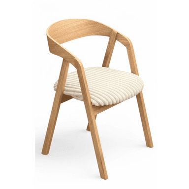 A modern dining armchair crafted from light-toned oak wood, featuring a curved backrest that seamlessly integrates into the armrests. The seat is upholstered with a cream-colored, vertically ribbed fabric cushion, providing a soft contrast to the wooden frame. The chair stands on four straight, slightly tapered wooden legs. — 3D model (AI enhanced source)