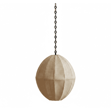 A spherical pendant light featuring a natural-toned, ribbed fabric shade suspended by a black metal chain. The fabric creates a segmented, textured surface around the globe form. — 3D model (AI enhanced source)